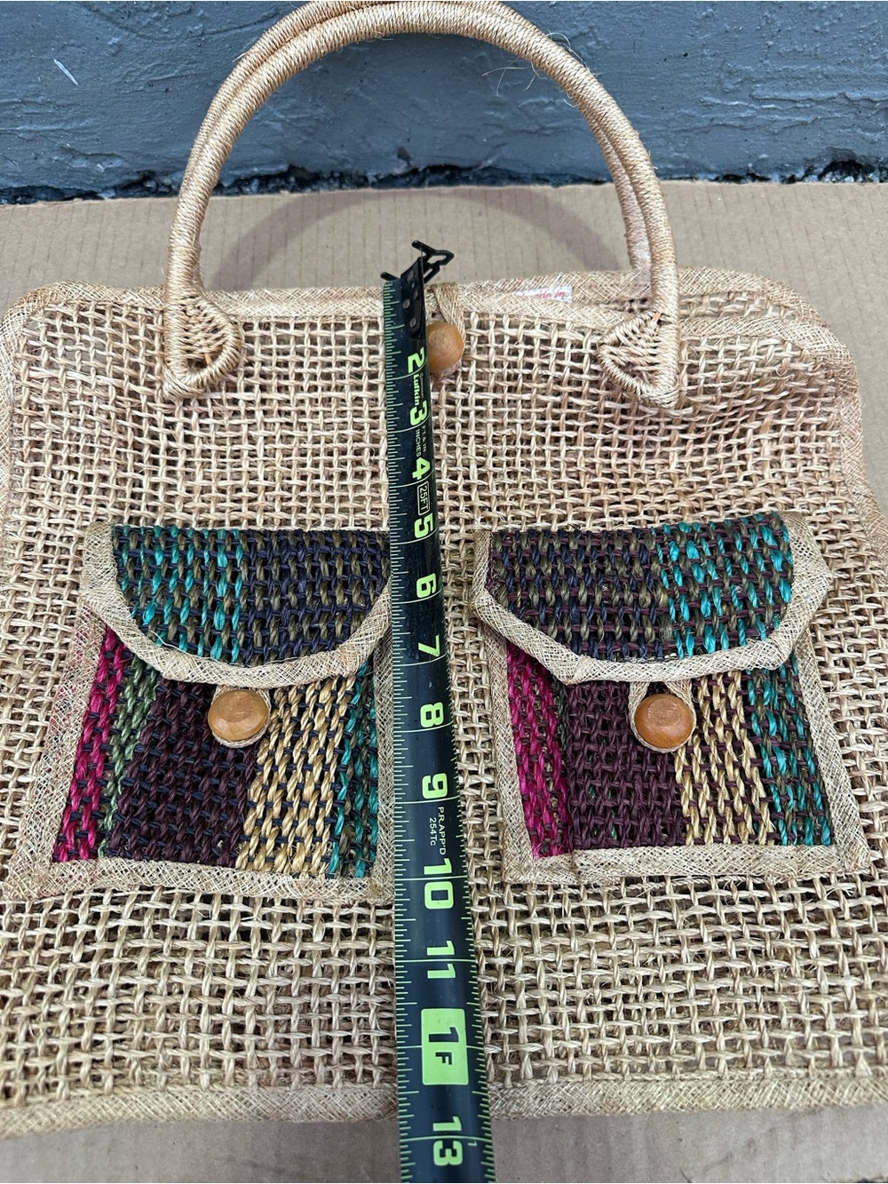 Vintage Woven Straw Jute Handbag Boho Tote Bag Wooden Button Pockets Handmade - Picture 2 of 4